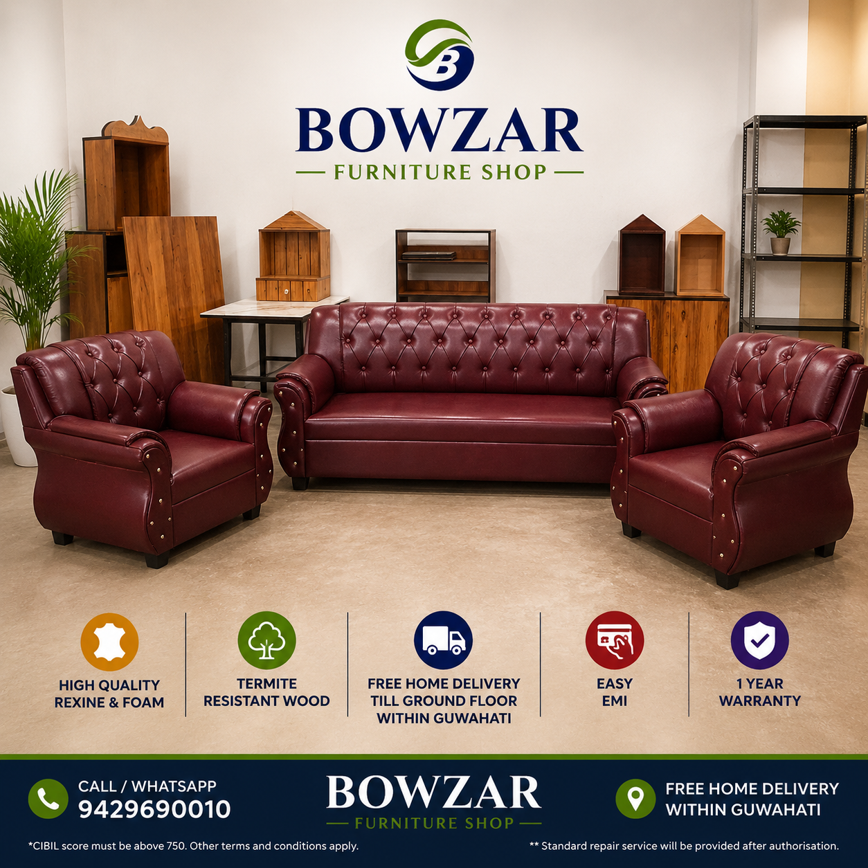 Bowzar Wooden Sofa 5 Seater High Density Foam Motor