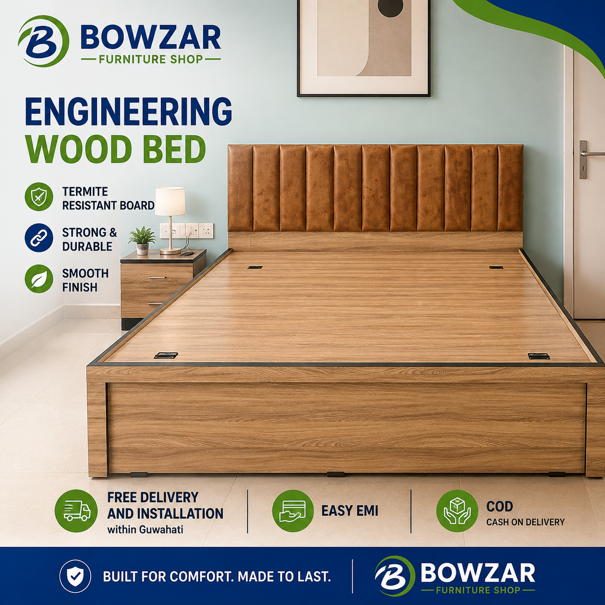 Engineering Wood Double Box Bed 4x6.5 Feet Padded Cushion Board