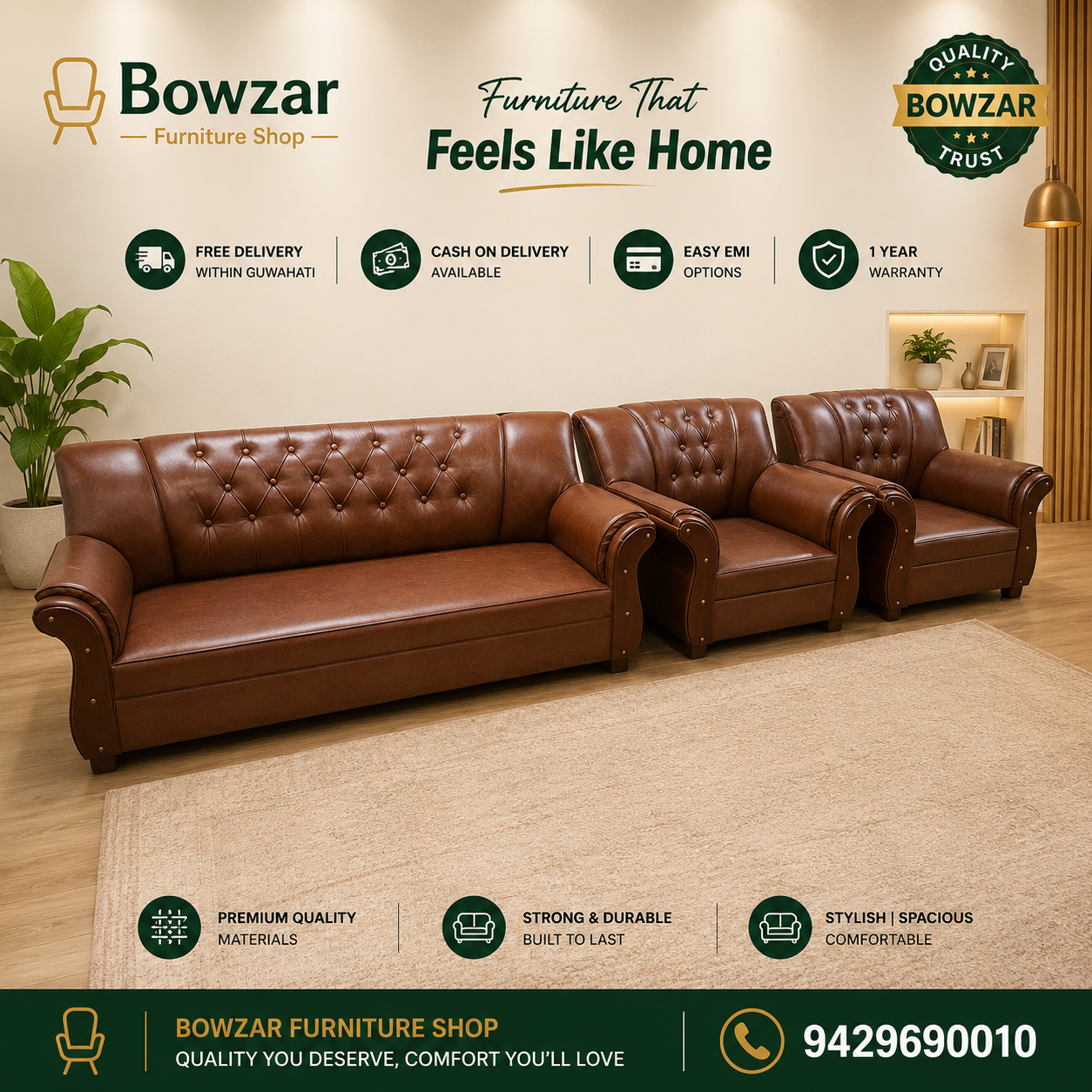 Bowzar Wooden Sofa 5 Seater High Density Foam Motor
