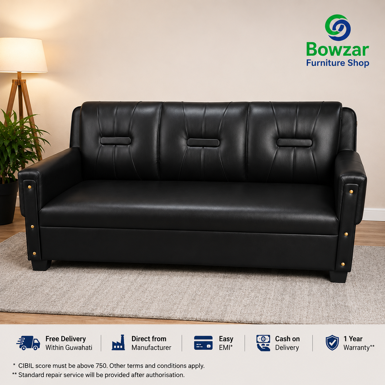 Bowzar 3 Seater Sofa Good Leatherette Black Coffee Brown Red Blue