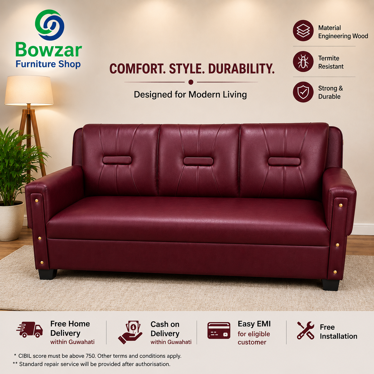 Bowzar 3 Seater Sofa Good Leatherette Black Coffee Brown Red Blue