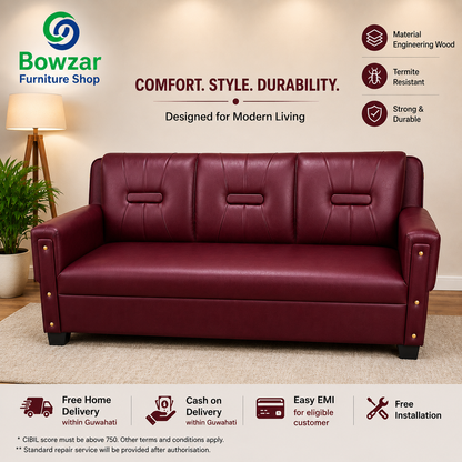 Bowzar 3 Seater Sofa Good Leatherette Black Coffee Brown Red Blue
