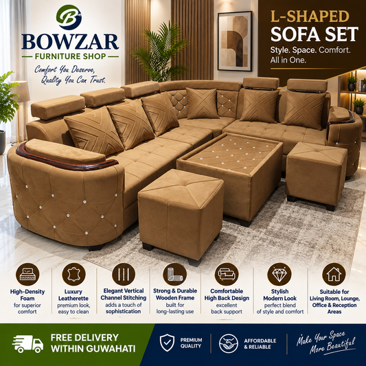 Bowzar L Sofa 8 Seater With Center Table and 2pcs Puff Premium Quality Foam and Fabric