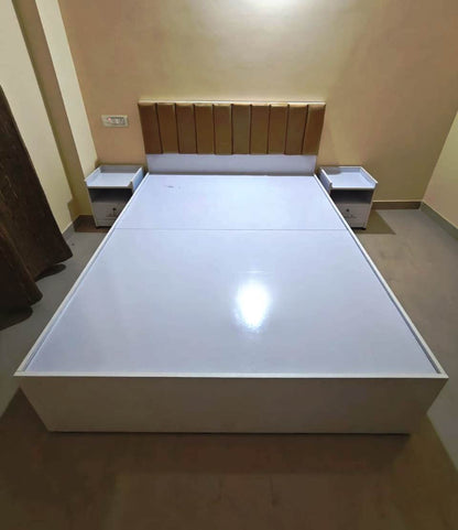 Engineering Wood Bed Queen Box Bed 5x6.5 Feet White Body Brown Headboard