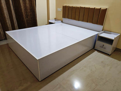 Engineering Wood Bed Queen Box Bed 5x6.5 Feet White Body Brown Headboard