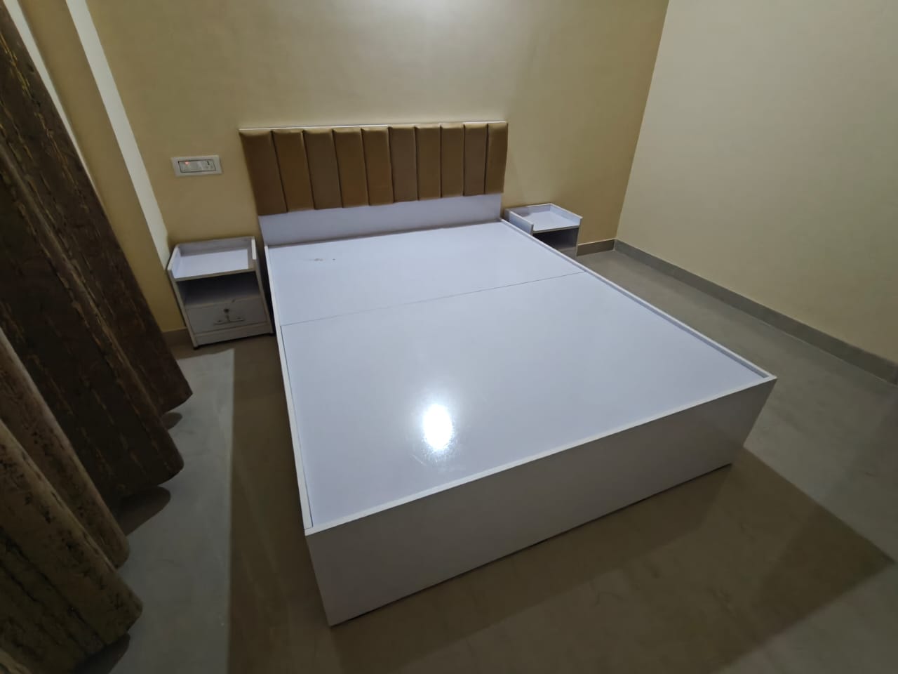 Engineering Wood Bed Queen Box Bed 5x6.5 Feet White Body Brown Headboard
