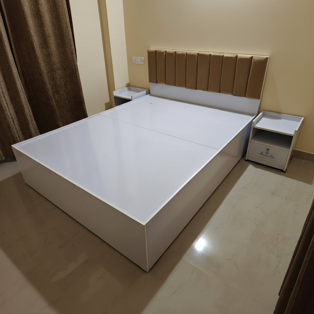 Engineering Wood Bed Queen Box Bed 5x6.5 Feet White Body Brown Headboard