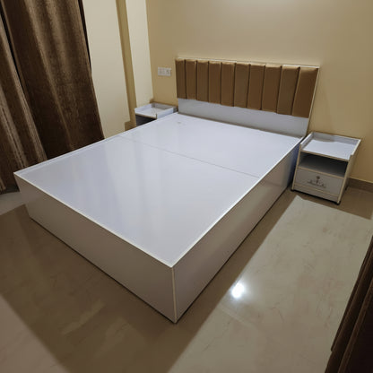 Engineering Wood Bed Queen Box Bed 5x6.5 Feet White Body Brown Headboard