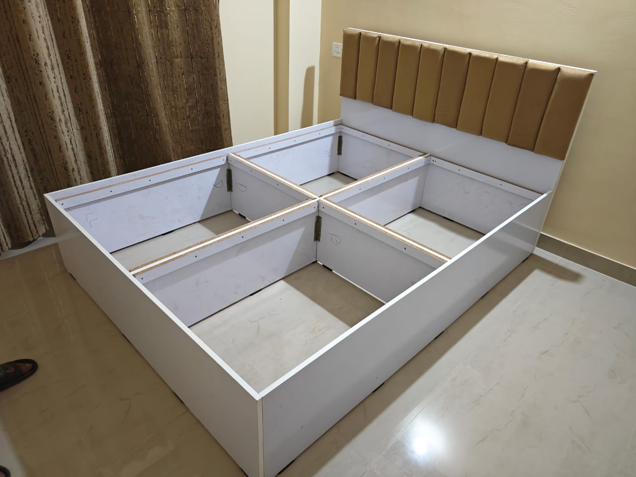 Engineering Wood Bed Queen Box Bed 5x6.5 Feet White Body Brown Headboard
