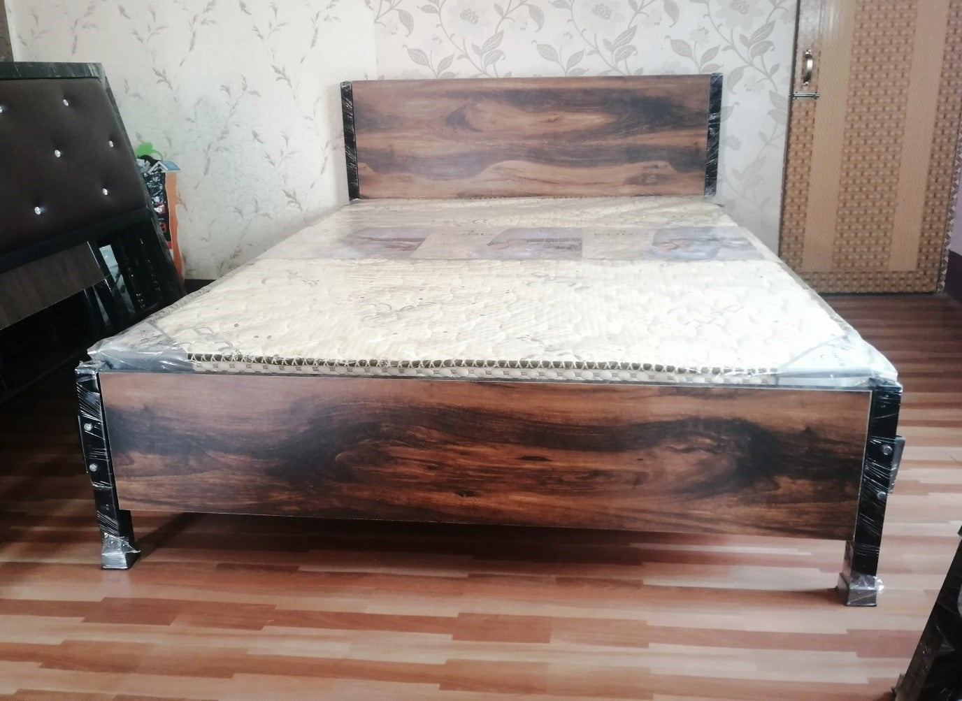Bowzar King Bed Wooden Look Particle Board Head and Leg