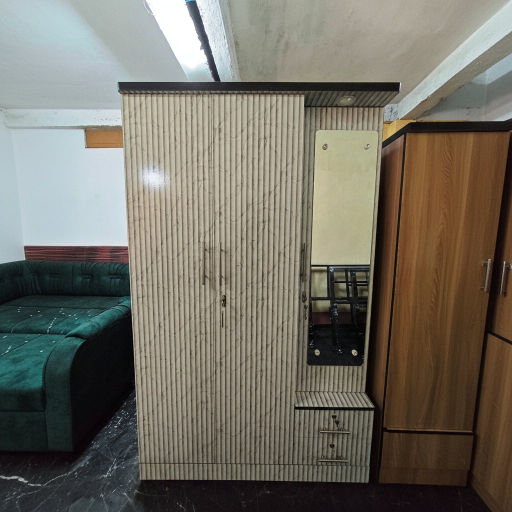 Bowzar 3 Door Wardrobe With Dressing 3 Door Almirah White Stripped Marble