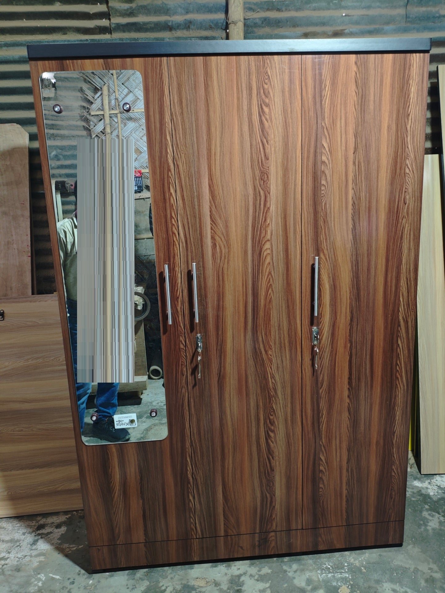 Bowzar 3 Door Wardrobe 3 Door Almira With Mirror Dark Rolex 6 Feet