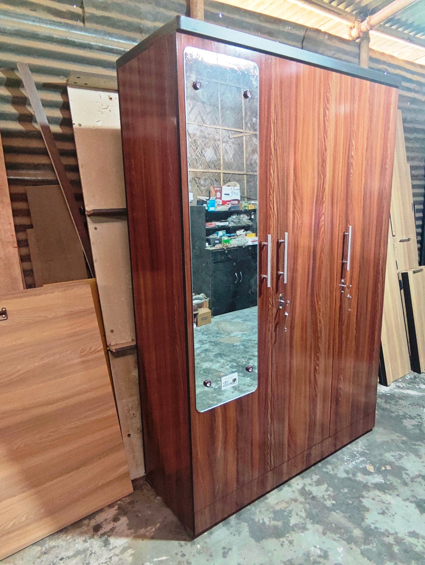Bowzar 3 Door Wardrobe 3 Door Almira With Mirror Dark Rolex 6 Feet