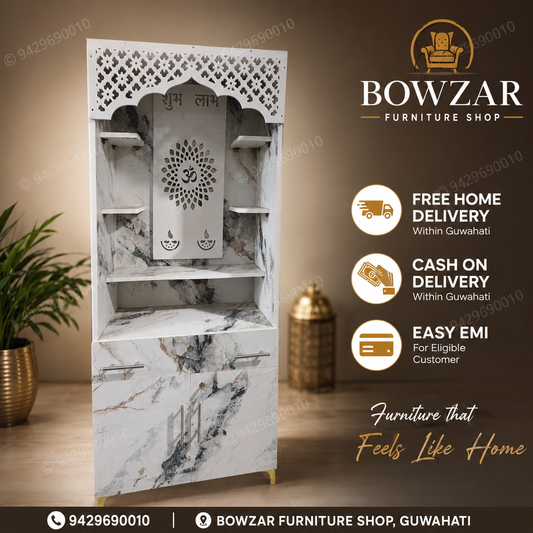 Modern Marble Finish Mandir Unit | Designer Pooja Cabinet with Storage | Bowzar Furniture Shop