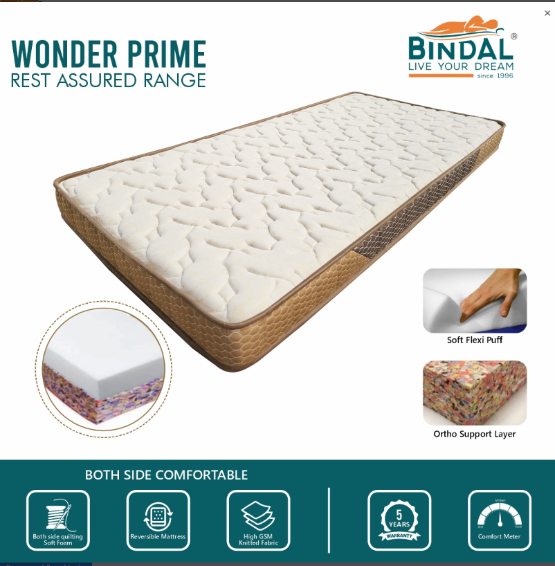Bindal Wonder Prime Orthopedic Mattress 5 Inch Thick Queen Size 5X6.5 Feet 60X78 Inch