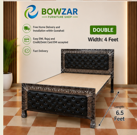 Bowzar Double Bed Premium Metal Bed with Upholstered Cushion