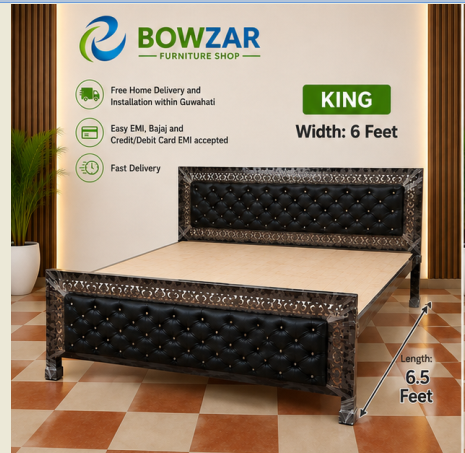 Bowzar Heavy Quality King Bed Size 6X6.5 Feet Metal Iron Bed Upholstered Cushion Black
