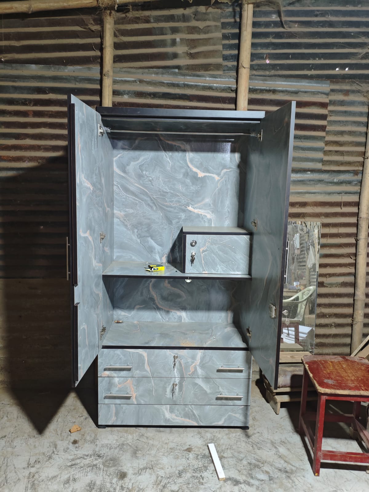 Bowzar 2 Door Almirah With 2 Drawer 2 Door Wardrobe Grey Marble