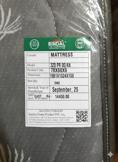 Bindal 32D Soft Mattress 6 Inch Queen Size 5X6.5 Feet 60X78X6 Inch Queen Mattress