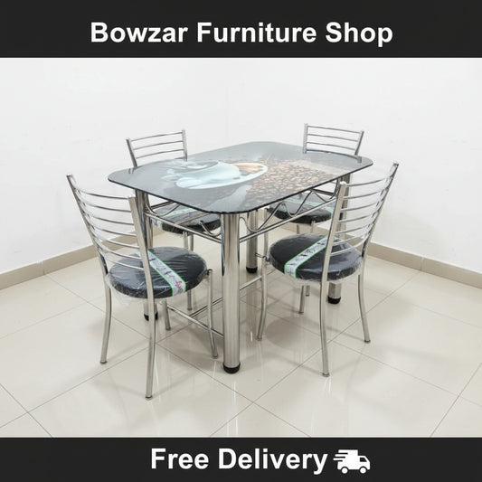 Bowzar Steel Dining Set 4 Seater with Printed Glass