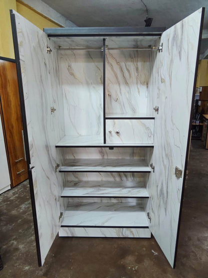 Bowzar 6 Feet 2 Door Wooden Almirah White Marble 2 Door Almirah