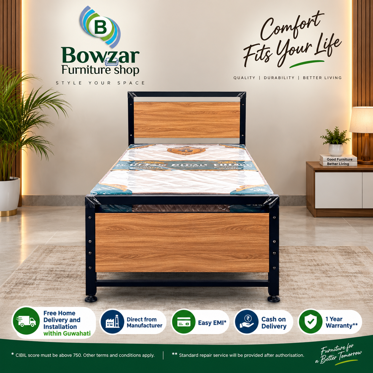 Bowzar Single Bed Wooden Look Heavy Quality