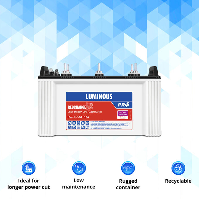 Luminous RC15000 Pro 120AH Short Tubular Battery Warranty 48 Months