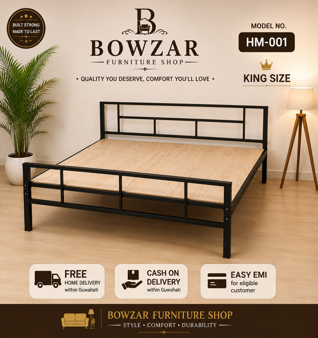 Bowzar HM King Bed Size 6X6.5 Feet Iron Metal Bed Bachelor Hostel PG Guest House
