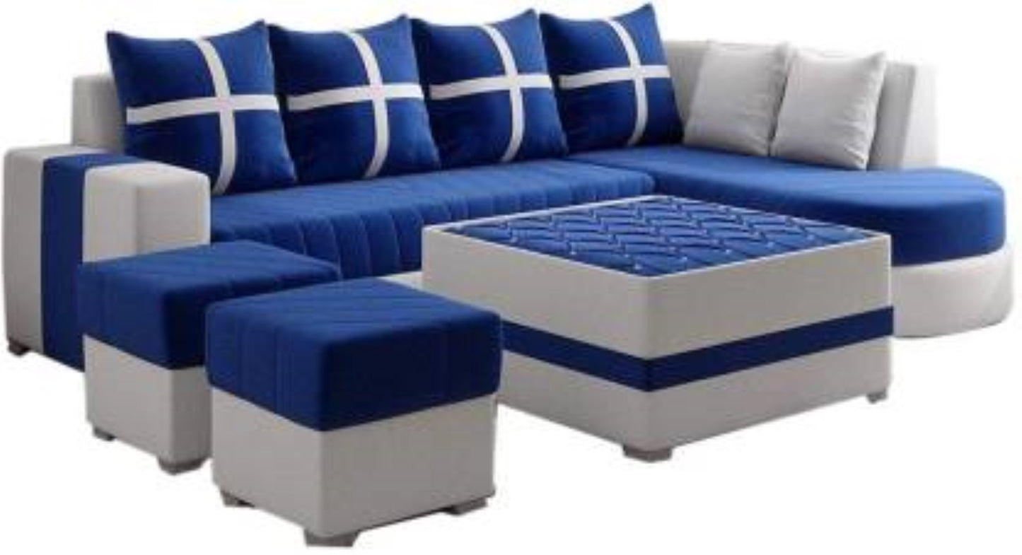 Bowzar 8 Seater Sofa Set, 2 Ottoman, 6 pillow With Coffee Table Fabric 8 Seater Sofa  (Finish Color - Blue & White