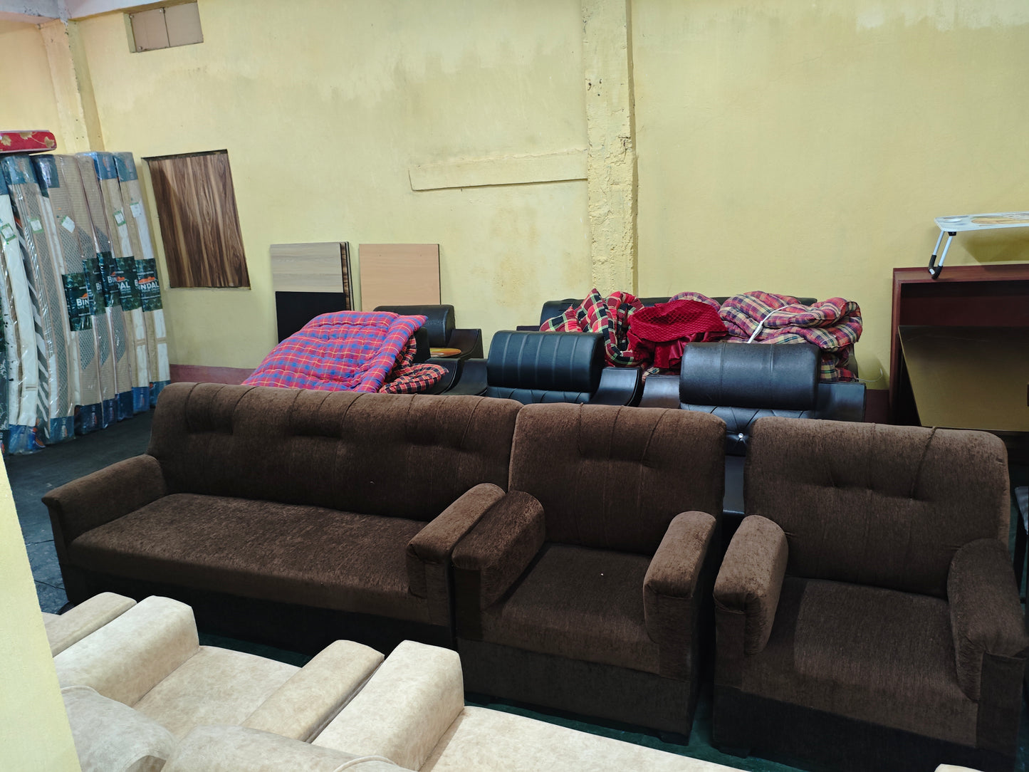 Wooden Sofa 5 Seater Brown Fabric