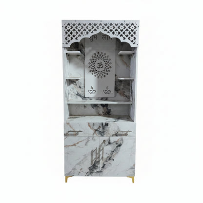 Modern Marble Finish Mandir Unit | Designer Pooja Cabinet with Storage | Bowzar Furniture Shop