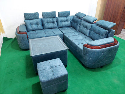 Bowzar Luxury Wooden Sofa 5 Seater L Shame with Center Table and 1 Piece Stool Teal