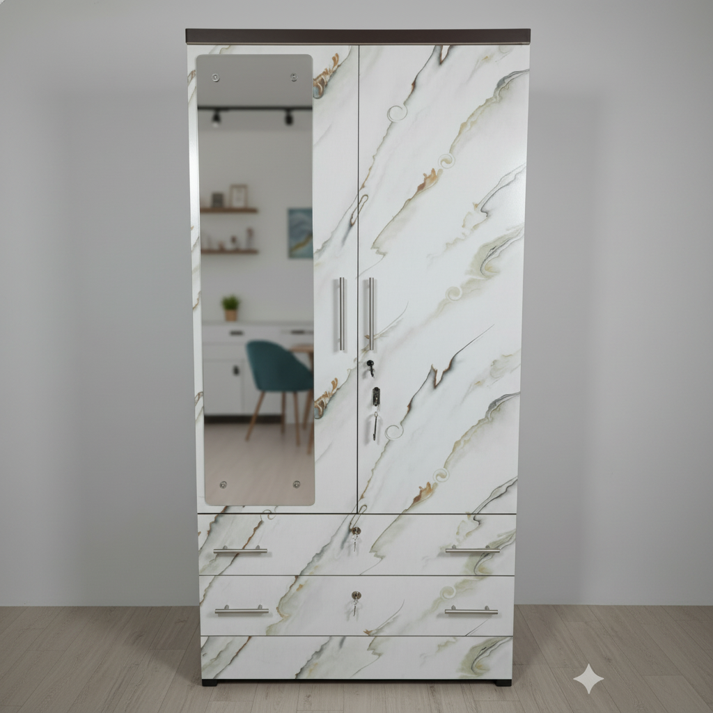 Bowzar 2 Door Almirah Wardrobe with 2 Drawer and mirror White Marble