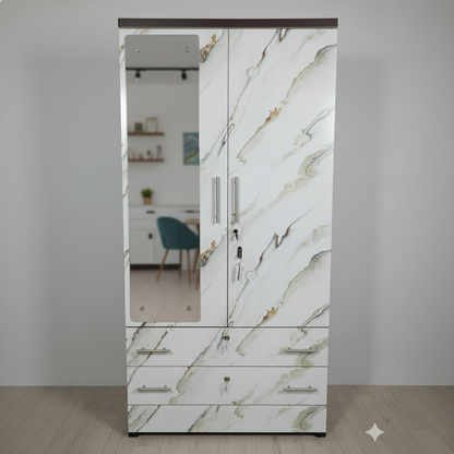 Bowzar 2 Door Almirah Wardrobe with 2 Drawer and mirror White Marble