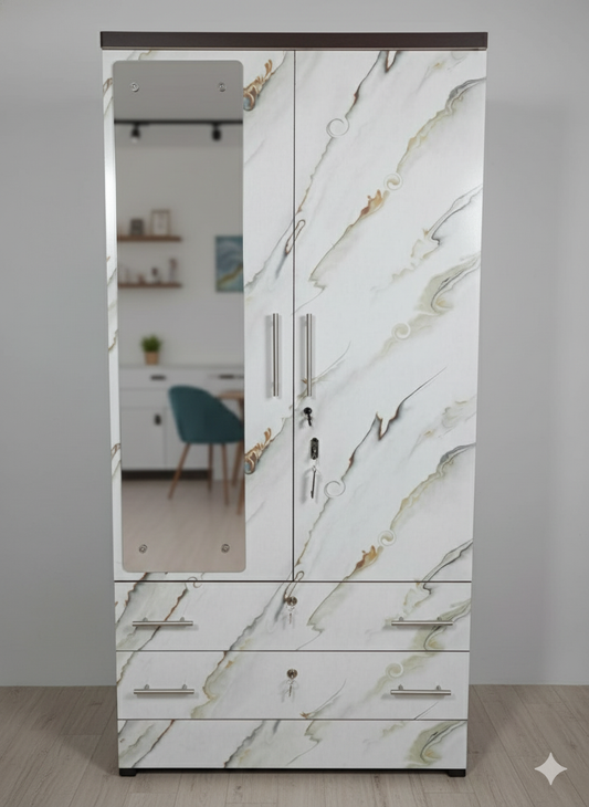 Bowzar 2 Door Almirah Wardrobe with 2 Drawer and mirror White Marble