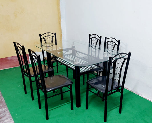 Bowzar Metal and Glass 6 Seater Dining Table Set