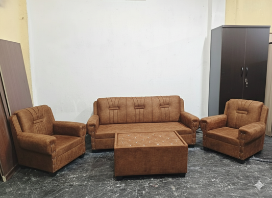 Bowzar Wooden Sofa 5 Seater with Center Table Suede Brown