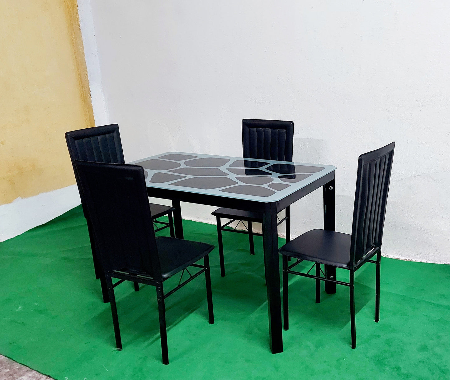 Bowzar Metal and Glass 6 Seater Dining Table Set Printed Top