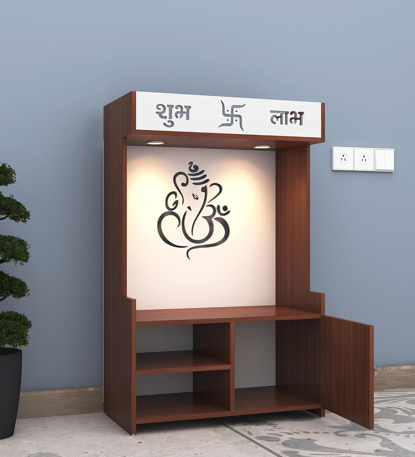 Wooden Floor Pooja Mandir with Ganesh Om Back Panel Shubh Labh Top Design & Cabinet