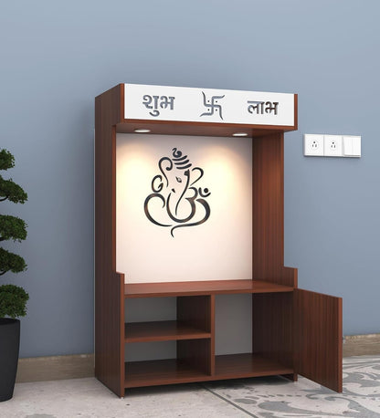 Wooden Floor Pooja Mandir with Ganesh Om Back Panel Shubh Labh Top Design & Cabinet
