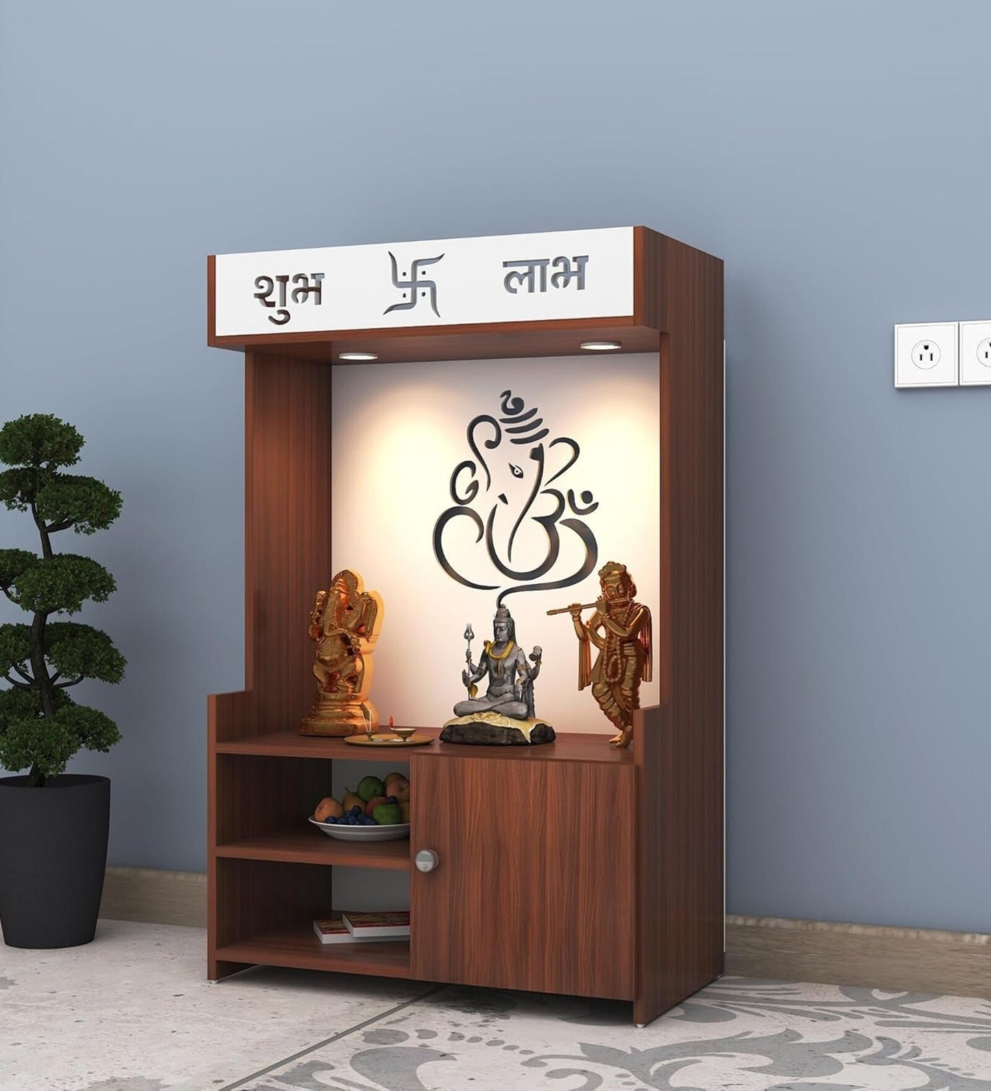 Wooden Floor Pooja Mandir with Ganesh Om Back Panel Shubh Labh Top Design & Cabinet