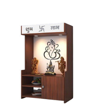 Wooden Floor Pooja Mandir with Ganesh Om Back Panel Shubh Labh Top Design & Cabinet