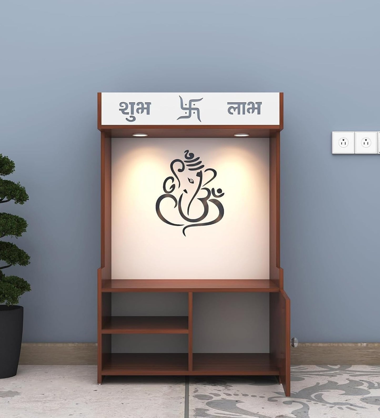 Wooden Floor Pooja Mandir with Ganesh Om Back Panel Shubh Labh Top Design & Cabinet