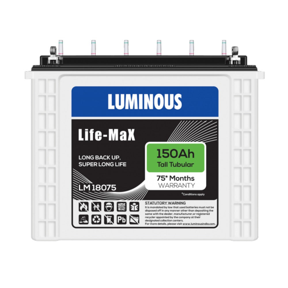 Luminous LIFE MAX LM18075 150AH Tall Tubular Battery Warranty 75 Months