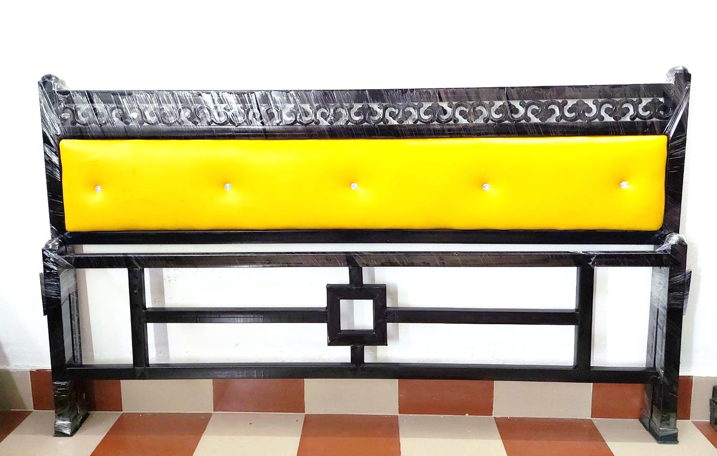 Bowzar KM Queen Size Heavy Quality Metal Iron Bed With Head Cushion Yellow