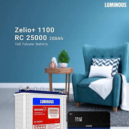 Luminous Zelio+ 1100 Sine Wave 900VA Inverter and RC25000 200 Ah Tall Tubular Battery