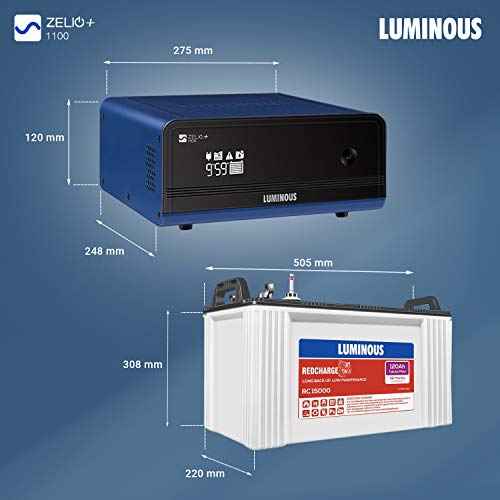 Luminous Zelio+ 1100 Inverter 900VA RC15000 120 Ah Tubular Battery and Trolley 1BHK