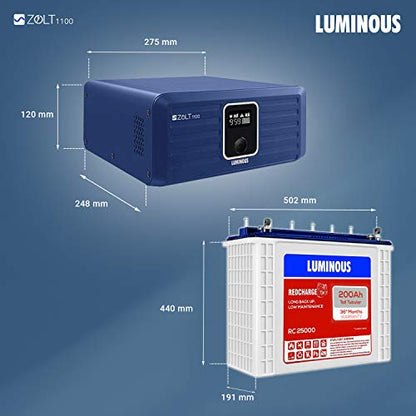 Luminous Zolt 1100 Pure Sine Wave Inverter with RC25000 200Ah Tall Tubular Battery