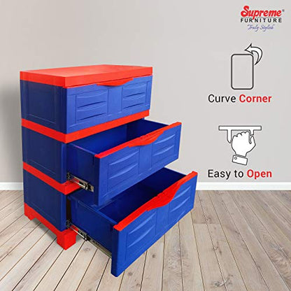 Supreme Fusion-DR-3 Multi-Purpose Plastic Chester with 3 Sliding Drawers Without Mirror for Home and Office (Coke Red & Blue), Standard
