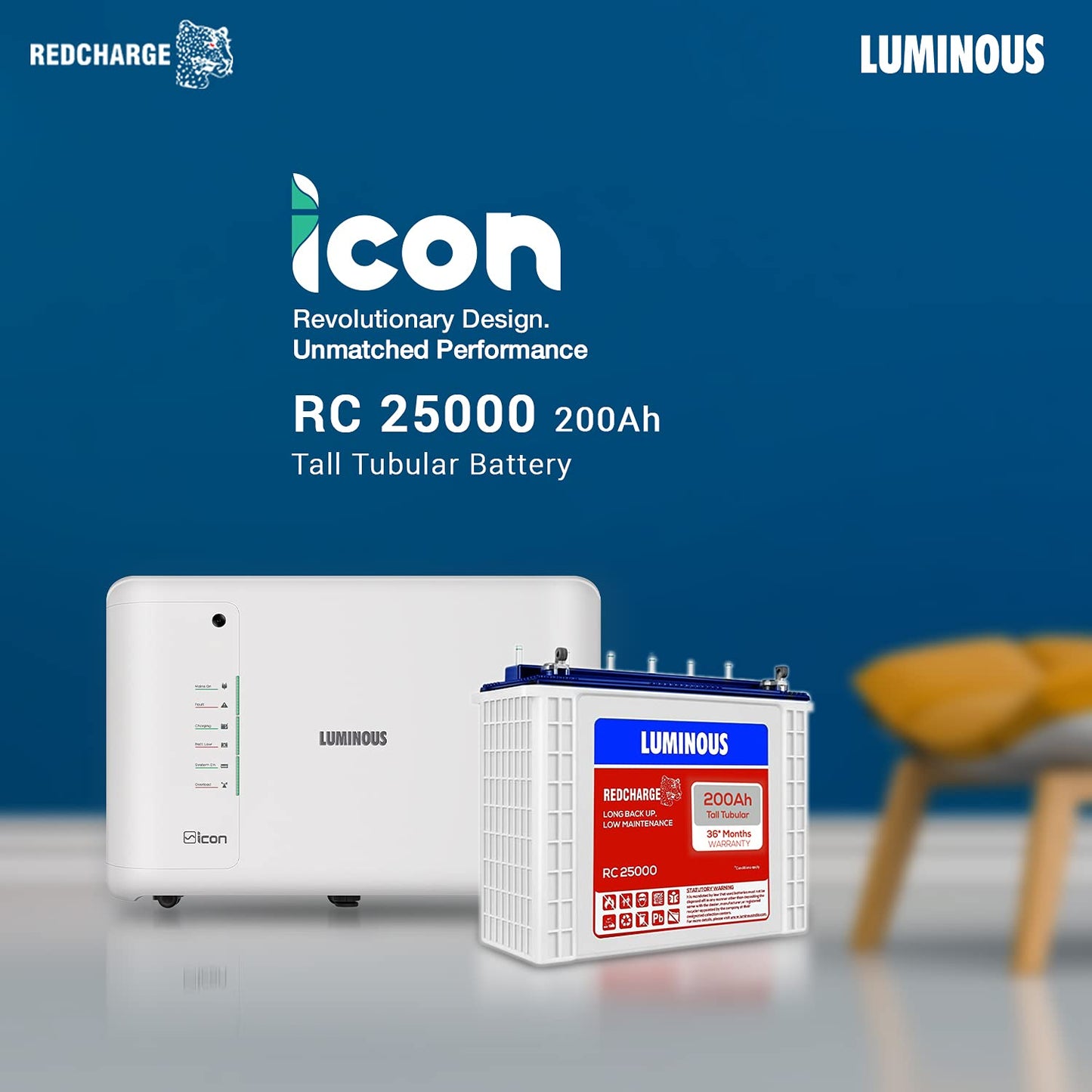 Luminous iCon 1100 Pure Sine Wave Inverter with RC25000 200Ah Tall Tubular Battery